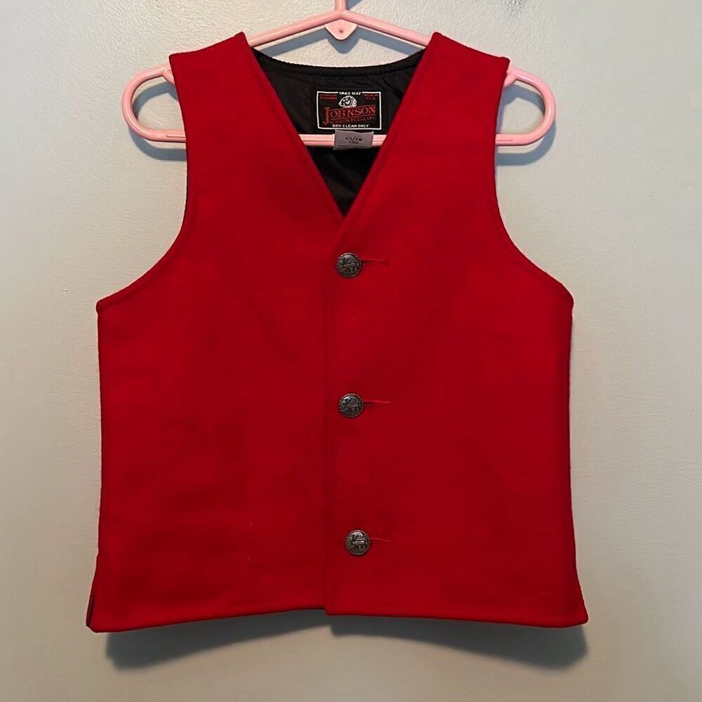 Johnson Woolen Mills Kid’s Red Wool V-Neck Three Button Sleeveless Vest